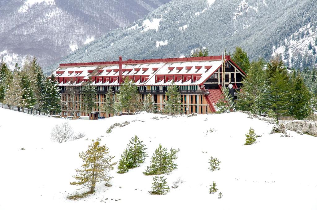 佩斯卡塞罗利普利穆拉公寓酒店的一座大建筑,在一座有树木的雪覆盖的山丘上