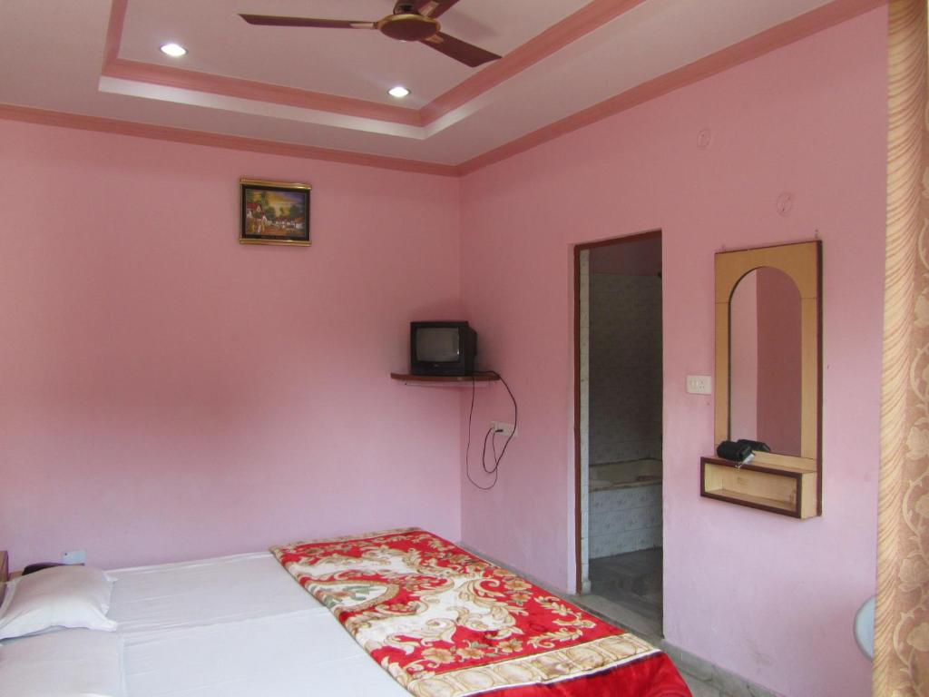 阿格拉萨加尔酒店的卧室设有粉红色的墙壁和1张床