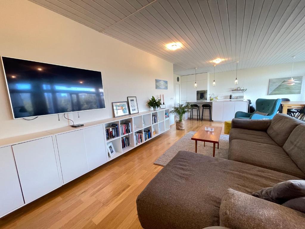 雷克雅未克Cosy and spacious apartment in Reykjavik的客厅配有壁挂式大屏幕平面电视