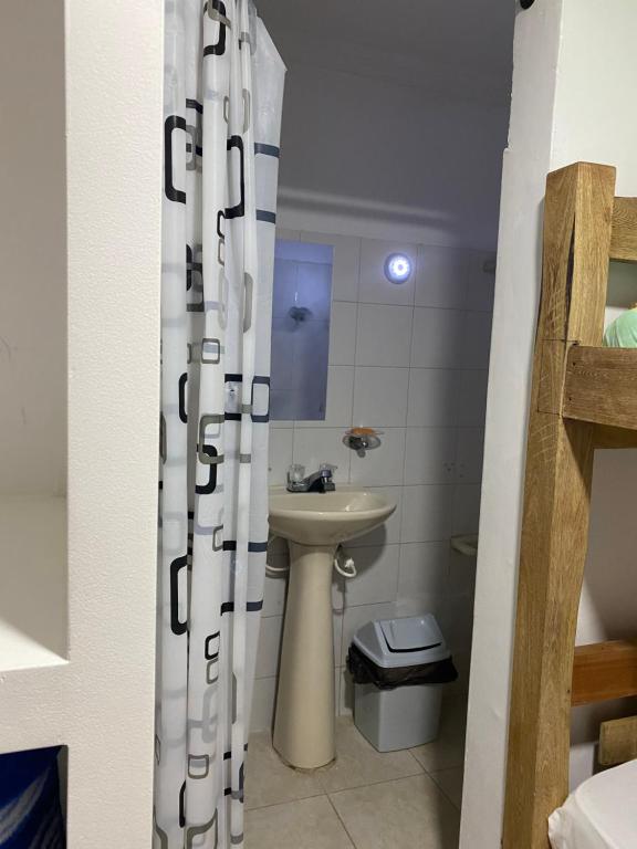 卡塔赫纳Hostal Casa W的一间带水槽和淋浴帘的浴室