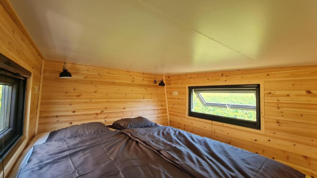 KáptalantótiPOP Tiny House Balaton的木制客房的一张床位,设有窗户