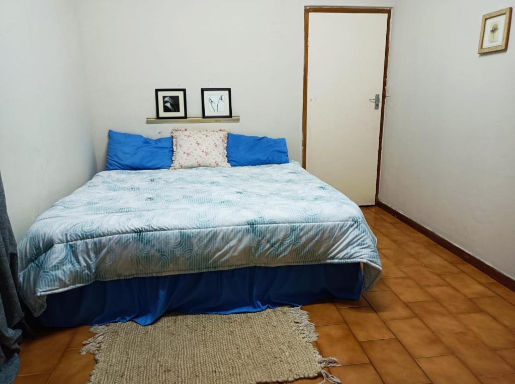 彼得马里茨堡18 on Shores的一间卧室配有一张带蓝色床单和地毯的床。