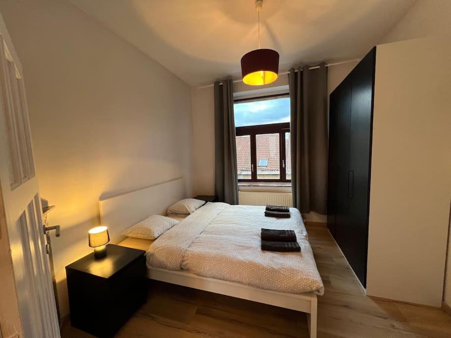 布鲁塞尔Cosy Apartment Merode的一间卧室设有一张大床和一个窗户。