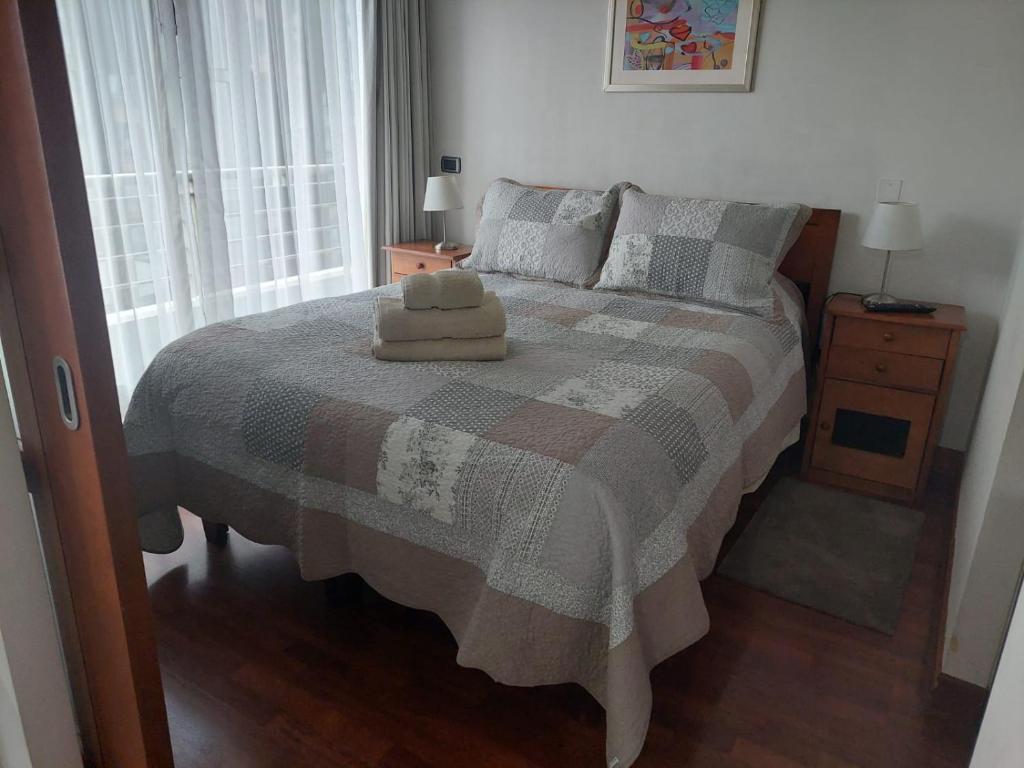 圣地亚哥Austral Rentahome Santa Beatriz的一间卧室配有一张床,上面有两条毛巾
