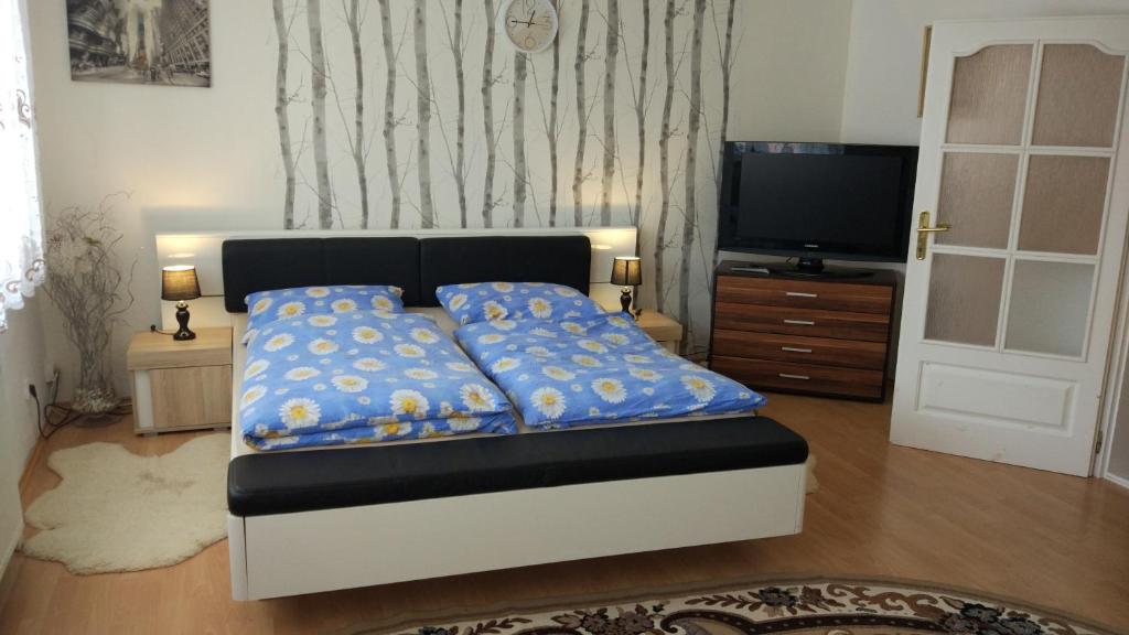 LendakApartmán Kristínka的一间卧室配有一张带蓝色床单的床和电视。