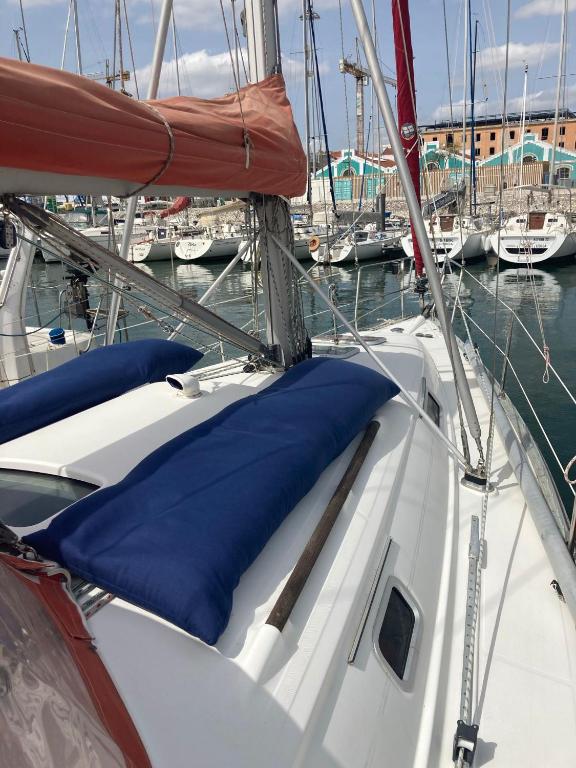 里斯本Sea Bloom - Sleep & Sail in Tejo的船头上带蓝色枕头的船