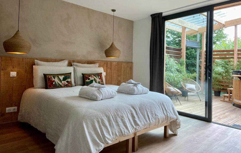 埃皮纳勒Madame Imagine, Lodges & SPA Epinal的一间卧室配有一张带两个枕头的床