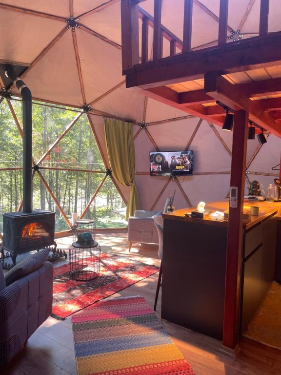 艾德亚耶拉西Ayder Freedome的客厅设有带壁炉的帐篷