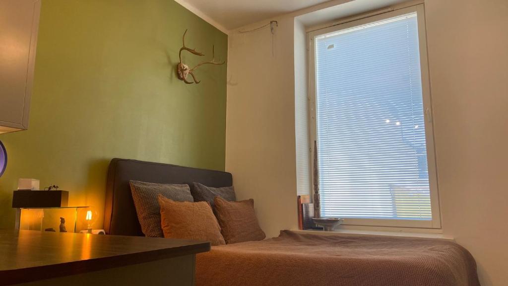 赫尔辛基Absolute Center Helsinki Compact Apartment的一间卧室设有一张床和一个大窗户