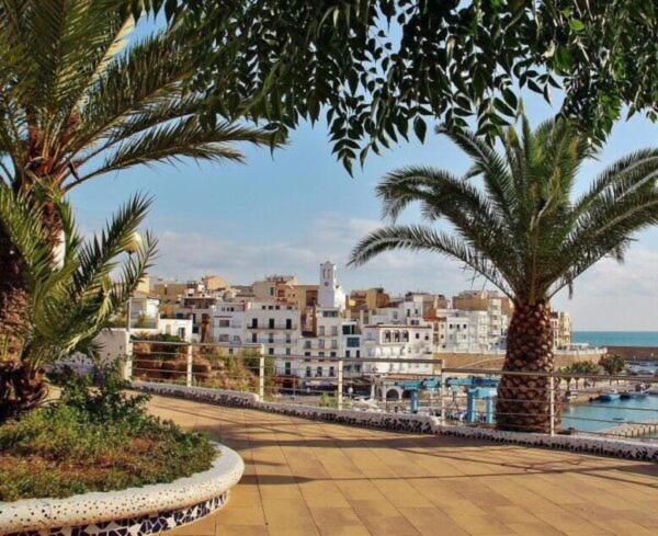 拉梅特拉·德·玛尔Precioso piso, todo equipado a 300m de las playas的棕榈树和建筑与海洋的城市
