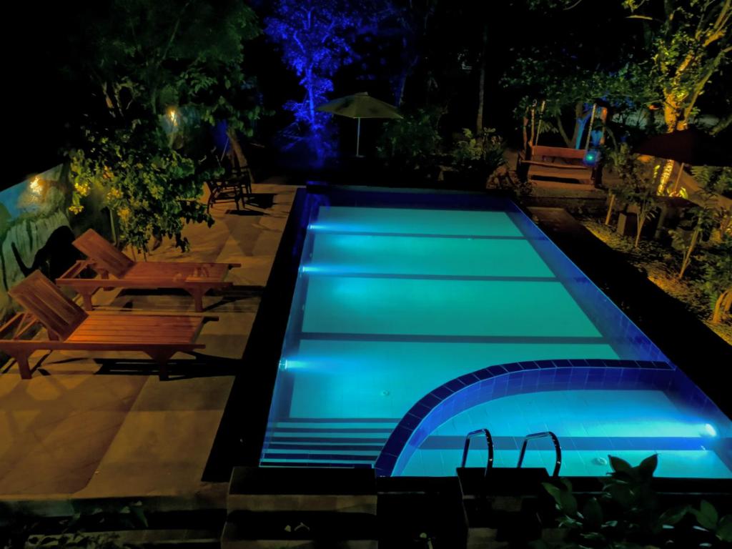 哈伯勒内Levona Garden Resort的游泳池在晚上点亮