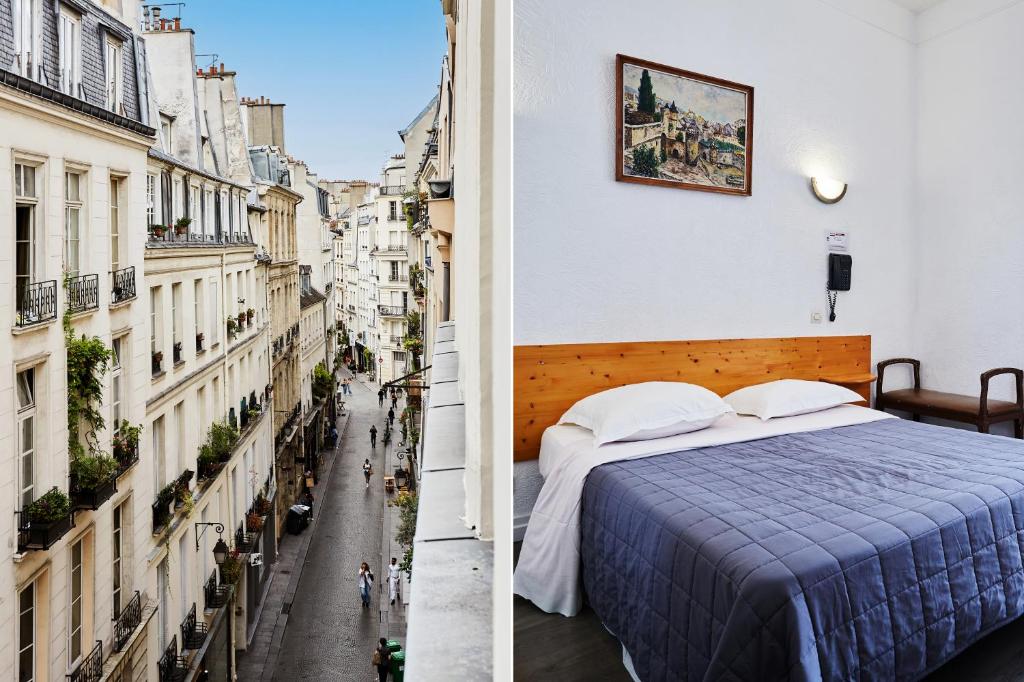 巴黎Hôtel Tiquetonne的一间酒店客房,配有床铺,并拥有一条城市街道
