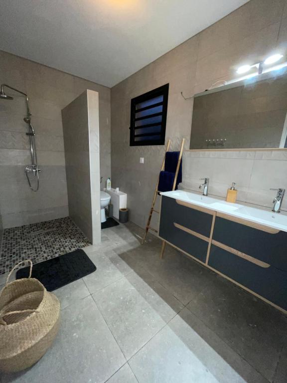 La RivièreL’étoilée的一间带水槽、淋浴和镜子的浴室
