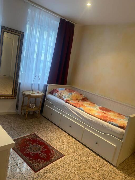 特里尔Schöne und Gemütliche Wohnung in Trier Zentrum的一间卧室设有一张床、一个窗口和一面镜子