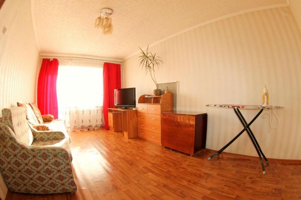 赤塔Dekabrist apartment at petrovsko-zavodskaya 31的带沙发、桌子和电视的客厅