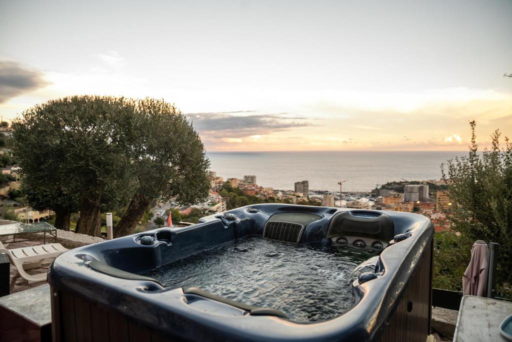 博索莱伊Le petit jardin exotique的海景阳台上的热水浴池