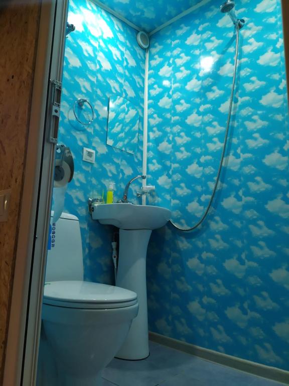 埃里温COZY HOTEL SKS的蓝色的浴室设有卫生间和水槽