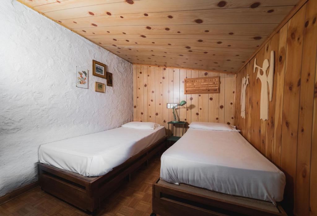 摩德纳迪-坎皮格里奥Fevri apartment的木墙客房的两张床