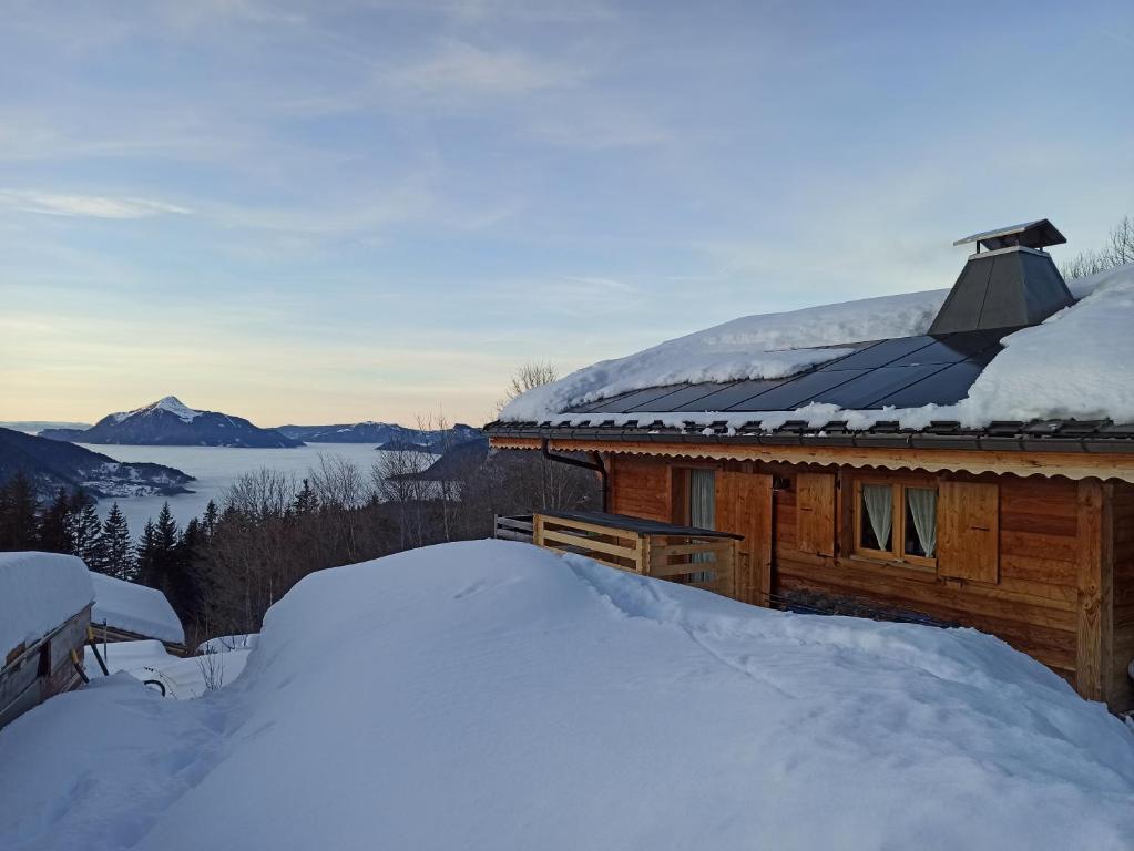 雷加霍斯达哈施Chambre d'hôte dans chalet près des pistes et aux départs de randonnées的小木屋,屋顶上积雪