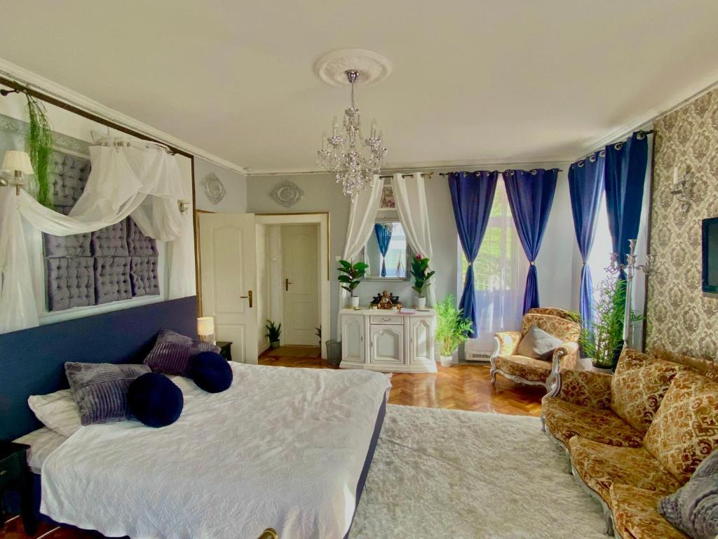 沙托劳尔尧乌伊海伊Chateau Vincze的一间卧室配有一张大床和一张沙发