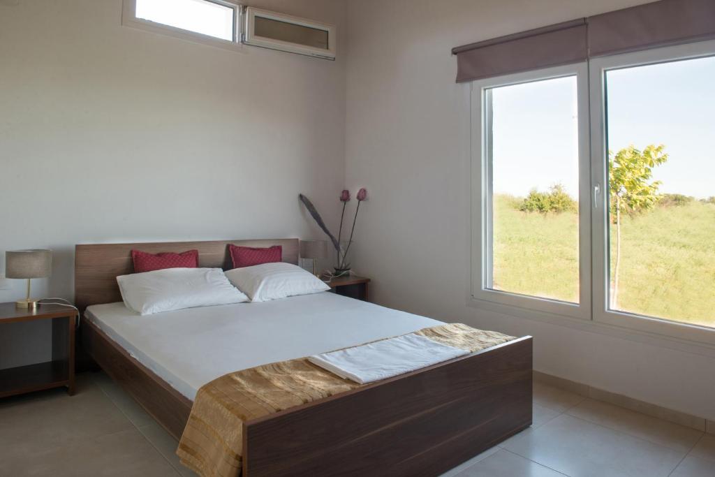 帕拉利亚卡泰里尼斯IRIS HOME 4的一间卧室设有一张大床和两个窗户。