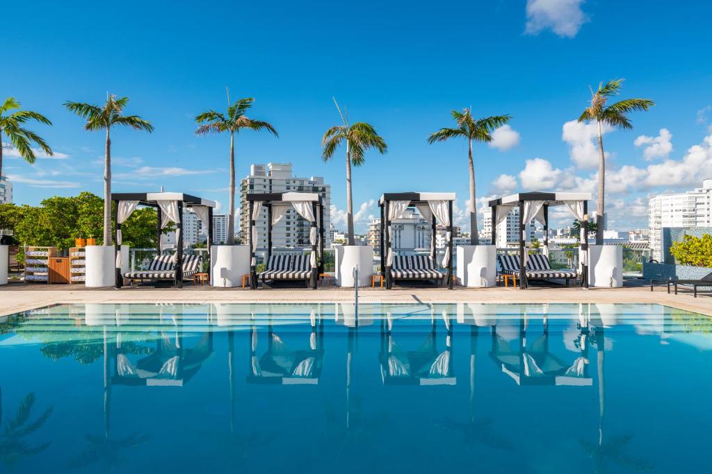 迈阿密海滩博兰南滩酒店的一座带椅子和棕榈树的游泳池