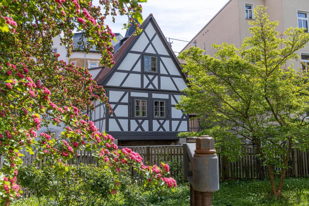 格拉außergewöhnliches, historisches, spätgotisches Wohnhaus von 1519, Gries 5的黑色和白色的房子,花粉色