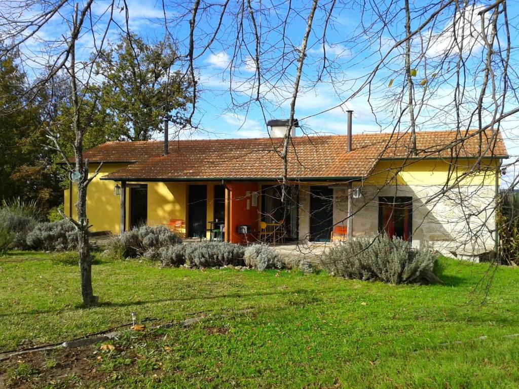 曼瓜尔迪Casa Das Palmeiras-Pedagogic Farm的院子里有红色屋顶的黄色房子