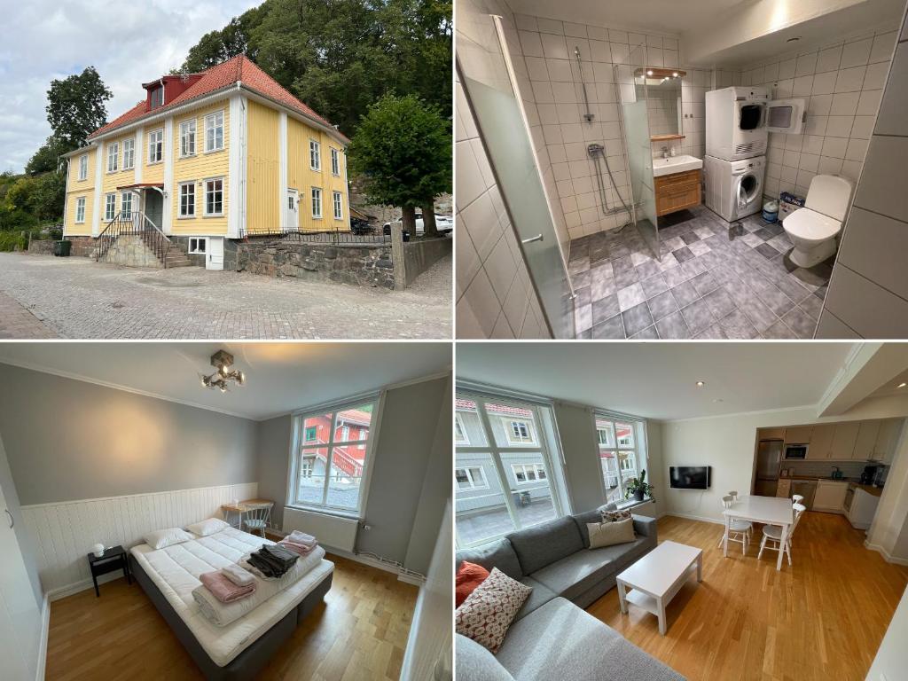 孔艾尔夫Fint, gratis parkering, med 20 min till Göteborg C的客厅和房子的三幅照片