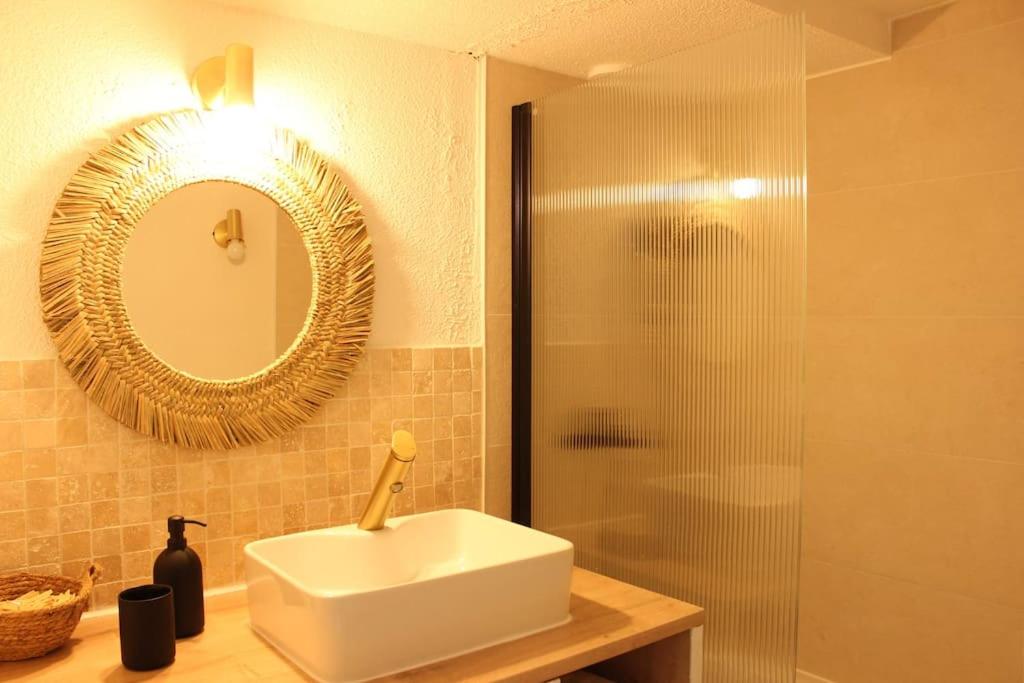 巴里吉斯Le P'tit Hélios 4-6 personnes - Centre ville de Barèges的浴室配有盥洗盆和带镜子的淋浴