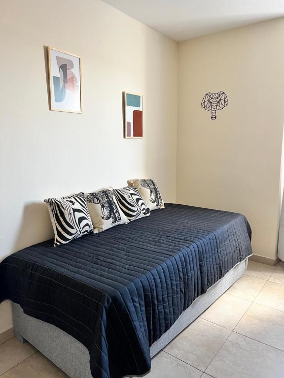 圣拉斐尔Departamentos Hipolito Yrigoyen的一间卧室配有一张带蓝色毯子的床