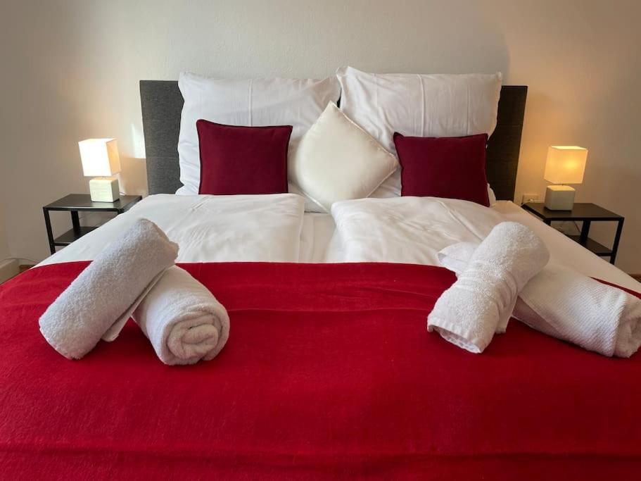 巴登-巴登Black Forest Apartment的一张大床,红色毯子上带两条毛巾
