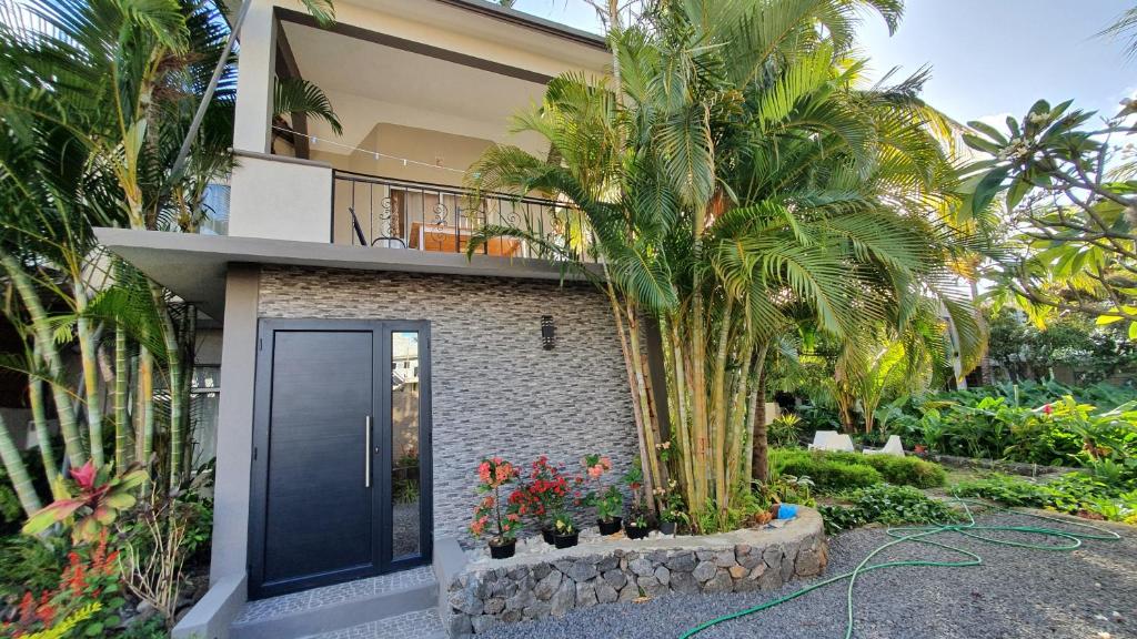 拉戈莱特Marmara Kite Appartment的一座带蓝色门和棕榈树的房子