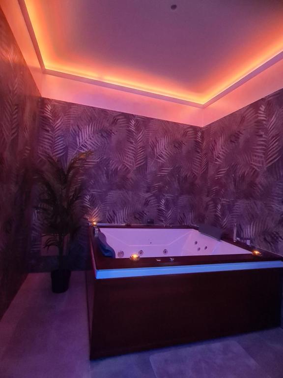 布林迪西b&b THE WORLD的紫色墙壁的客房内设有浴缸