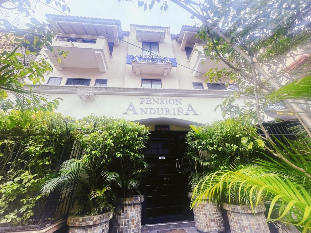 巴拿马城Hotel Pensión Anduriña的一座建筑,上面有读出激情反光词的标志