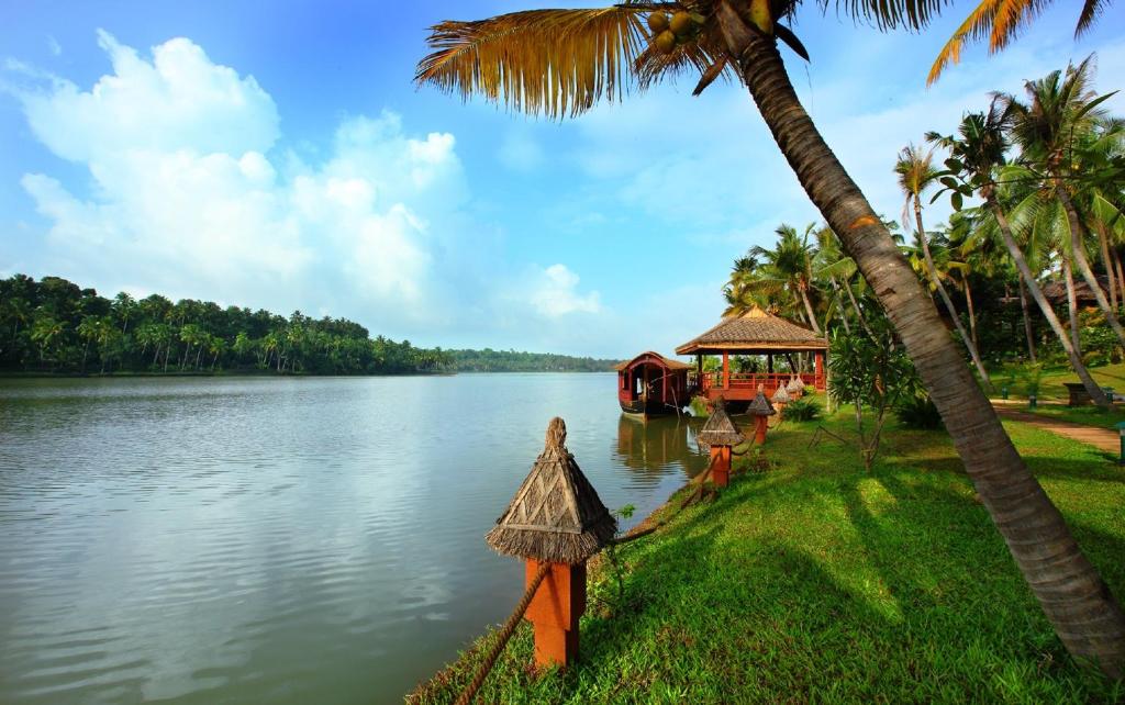 奎隆Fragrant Nature Backwater Resort & Ayurveda Spa Kollam的享有河流美景,拥有房屋和棕榈树