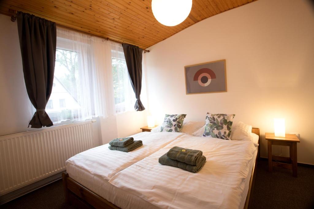 亚诺夫纳德尼索Apartmány Bramborka的一间卧室配有一张床,上面有两条毛巾
