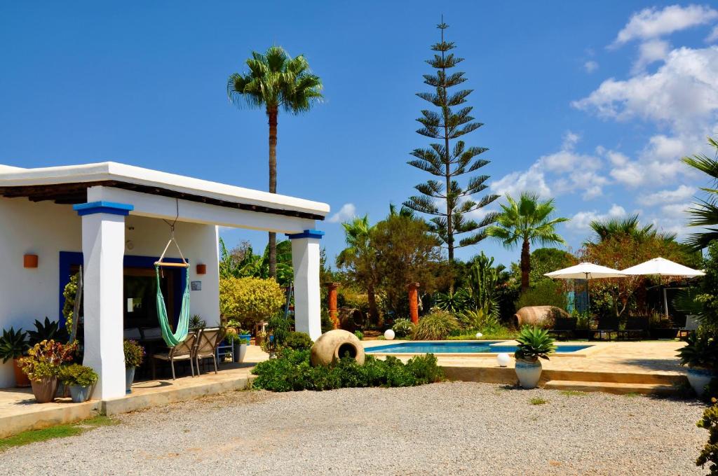 伊维萨镇Villa Can Blau Ibiza的一座带游泳池和棕榈树的房子