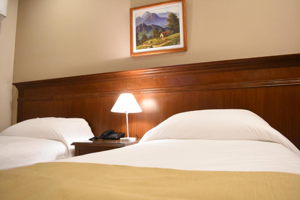 门多萨门多萨丽兹酒店的酒店客房,设有两张床和一盏灯