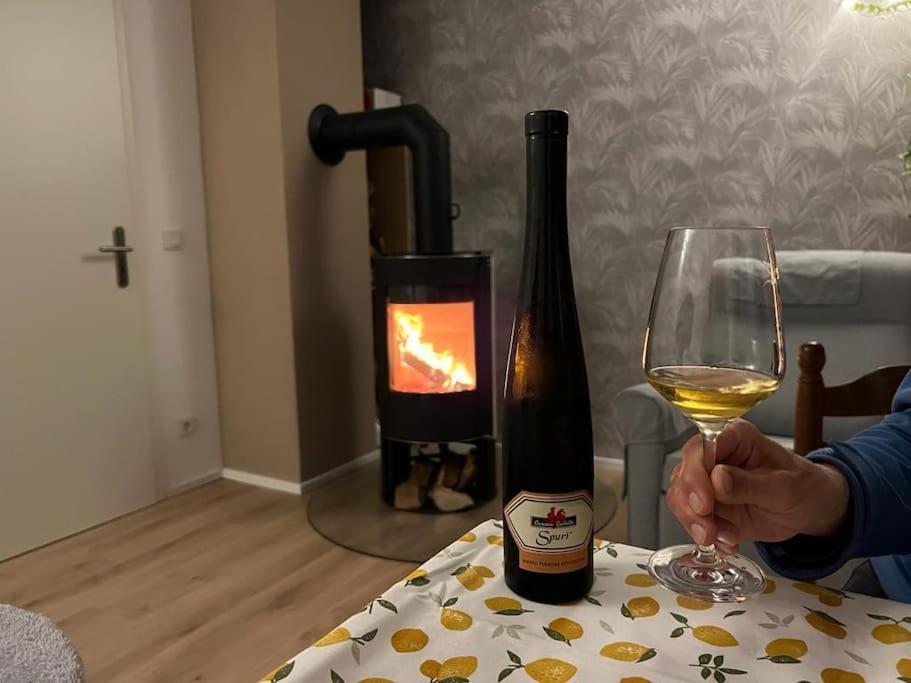 Echternacherbrückgemütliche Wohnung mit Kamin - Sunny Hill Holiday Home的壁炉旁拿着一杯葡萄酒的人
