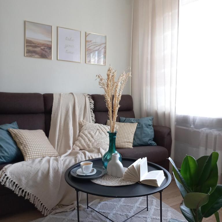 纳尔瓦Narva Relax Apartment的客厅配有沙发和一张桌子及一本书