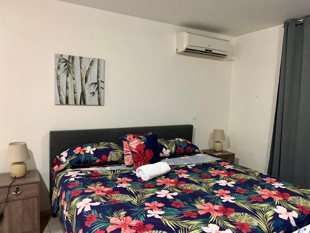 帕皮提Studio Papeete Lodge - Kaoha Nui的一间卧室配有一张带五颜六色棉被的床