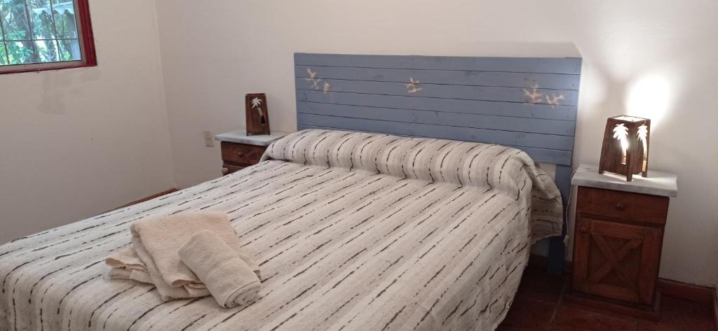 皮拉尔Cabañas del Pilar的一间卧室配有一张蓝色床头板的床