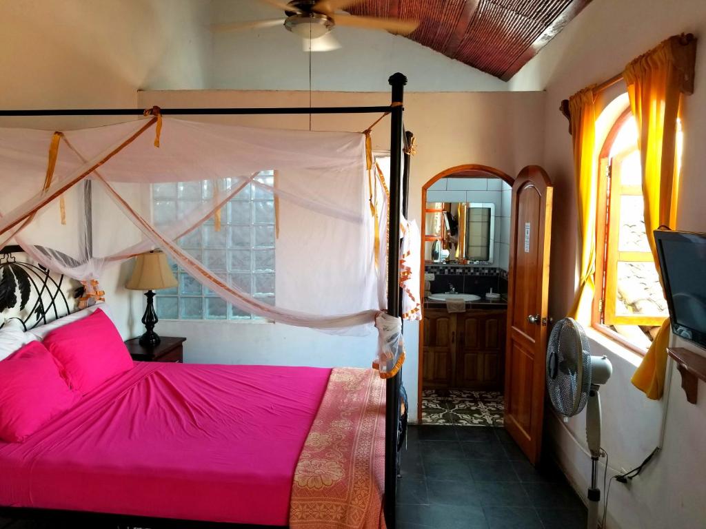 格拉纳达Casa del Agua的一间卧室配有一张带粉红色床罩的床