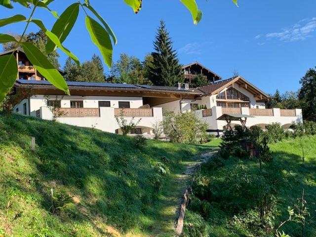 贝希特斯加登Alpenvilla Berchtesgaden Appartements的草山上的房屋,有一条通往该处的路径