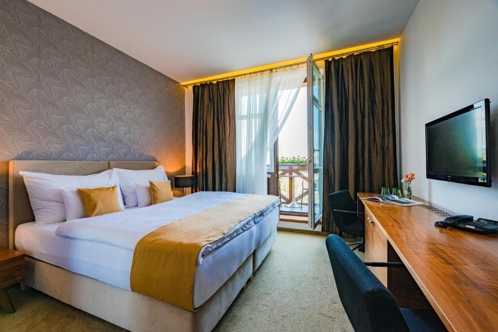 拉贝河畔乌斯季万图兹酒店的酒店客房配有一张床、一张书桌和一台电视。