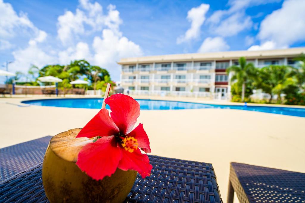塞班Paradiso Resort & Spa的椰子,花朵花坐在桌旁的桌子上