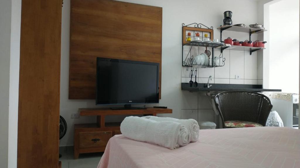 帕拉蒂Refúgio Ouro Fino Kitnets Casas e Apartamentos的一间卧室配有一张床铺,桌子上配有电视