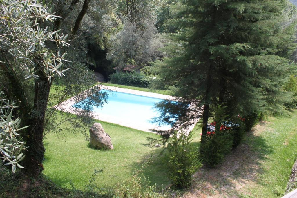 VentosaCasas do Corvo的一座树木繁茂的庭院内的游泳池
