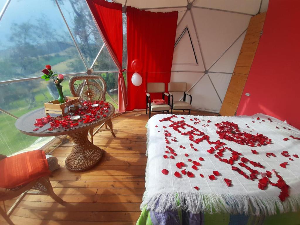 瓜塔维塔Glamping Mi Casita的一间房间,配有一张床和一张玫瑰花桌